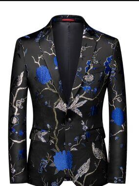 Cloudstyle Black Blue Floral Jacquard Blazer Size S Slim Fit Luxury Statement Ja